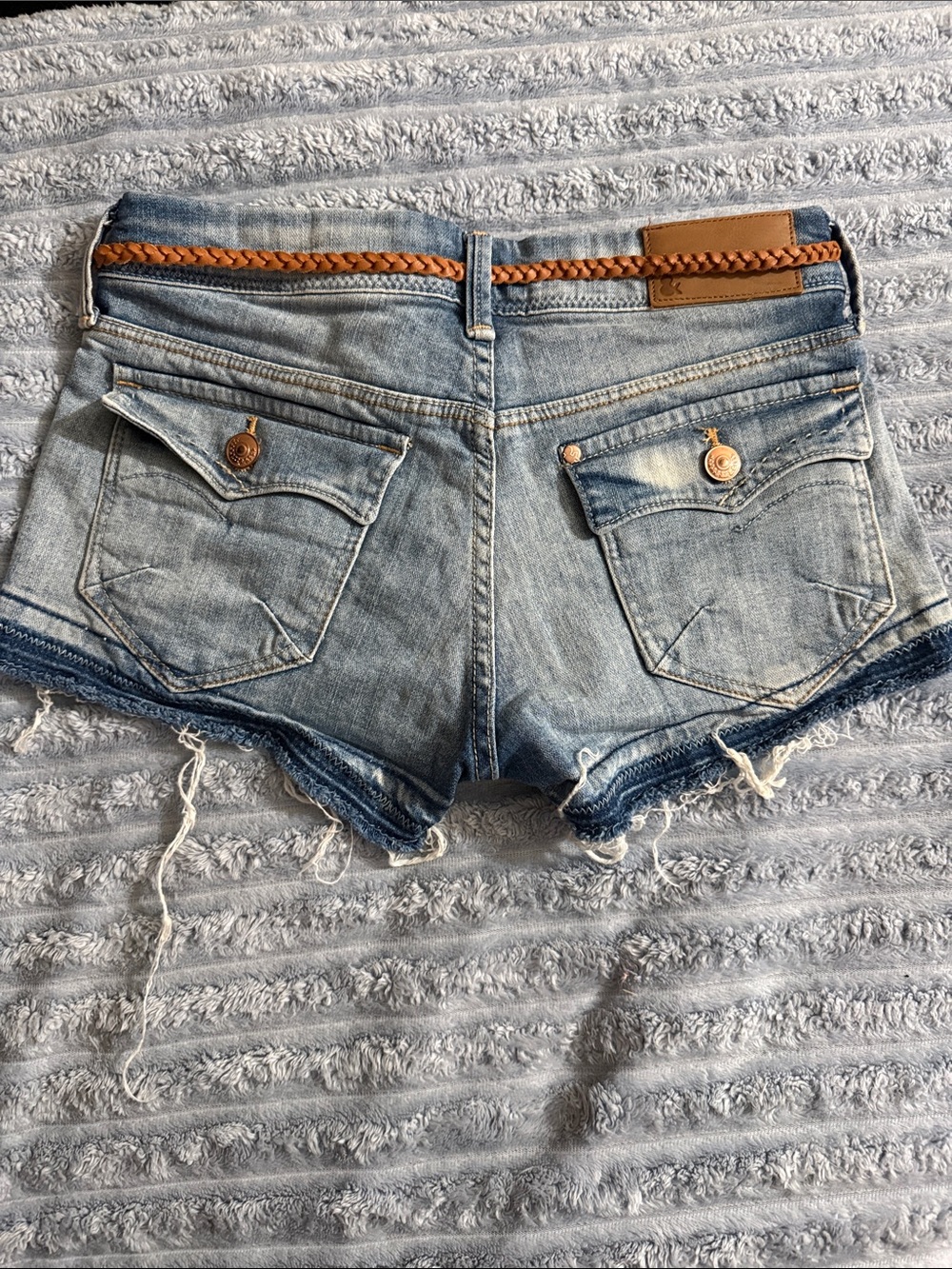 Vintage Y2K &Jeans Distressed Blue Denim Cutoff Shorts with Braided Tan Belt